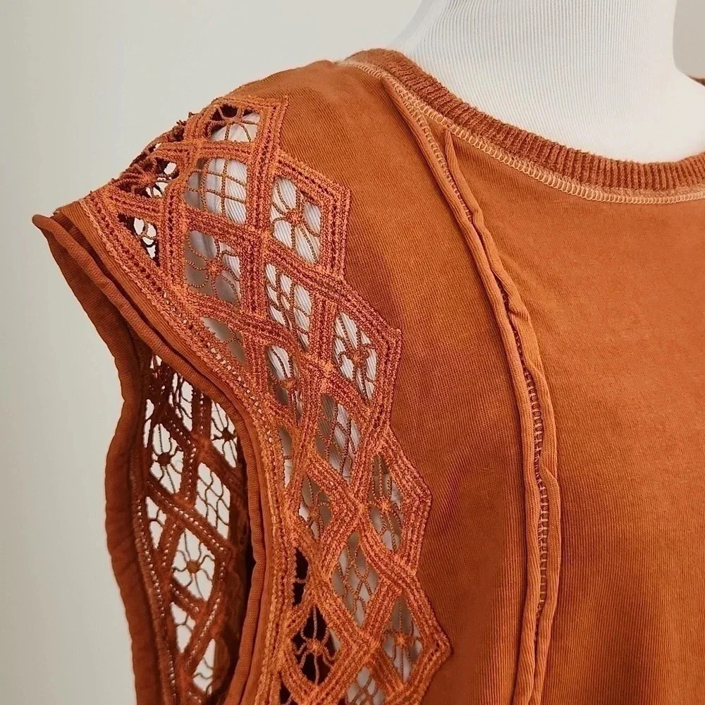 NWOT || FREE PEOPLE || Table For Two, tee, lace, raw hems, baggy fit, medium - Picture 2 of 6